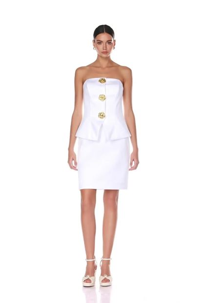 Kemik Gül Detaylı Saten Mini Abiye Elbise